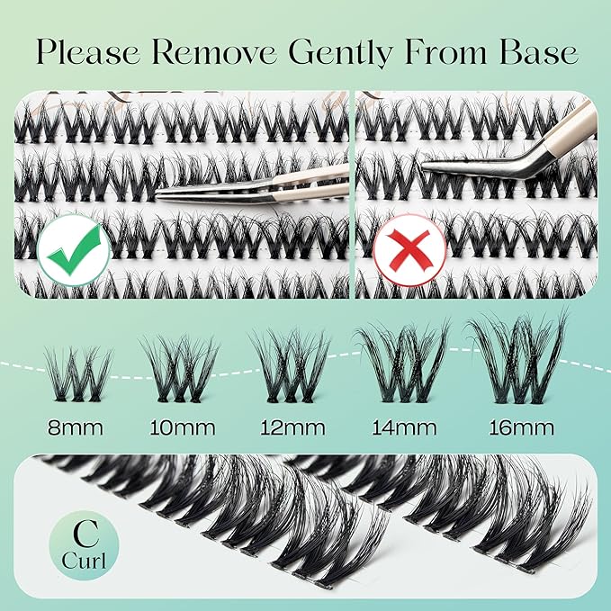 Lash Clusters Kit 0.05mm Individual Lashes, 3D Wispy Lashes, 0.1mm Super Thin Band Resuable Natural Lashes,D Curl Faux Mink Lashes,108pcs Lash Extension (Green Cozy-D-0.05-8-16mix-Kit)