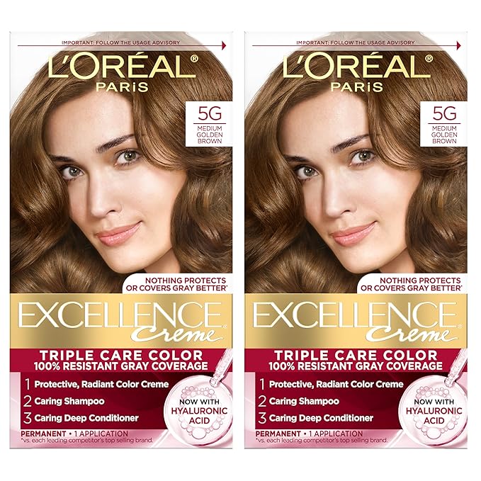 L'Oreal Paris Excellence Crème Permanent Hair Dye, Triple Care Hair Color with Hyaluronic Acid for 100% Gray Coverage, 5G Medium Golden Brown, 1 Kit (Pack of 2) (Packaging May Vary)