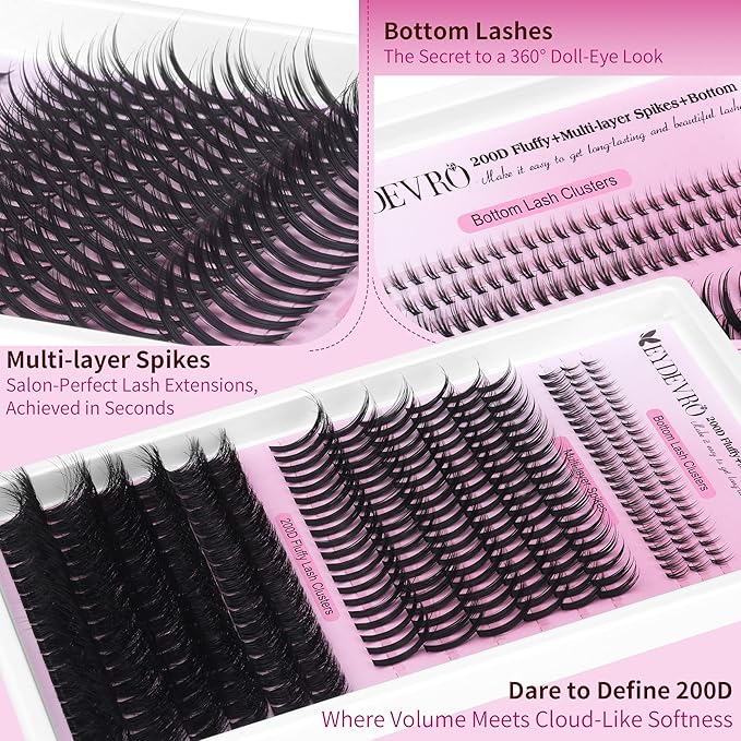 EYDEVRO Volume Lash Clusters with Spikes Eyelash Clusters with Bottom Lashes Look Like Lash Extensions 12-22mm Fluffy 200D Cluster Lashes 16-26mm Spikes Individual Lashes 5-6mm Bottom Lash Clusters