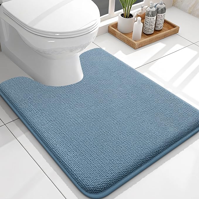 OLANLY Toilet Rugs U-Shaped 24x20, Extra Soft Absorbent Thick Memory Foam Contour Bathroom Rugs, Dry Quickly, Machine Washable, Non-Slip Toilet Bath Mat, Home Decor Accessories, Airy Blue