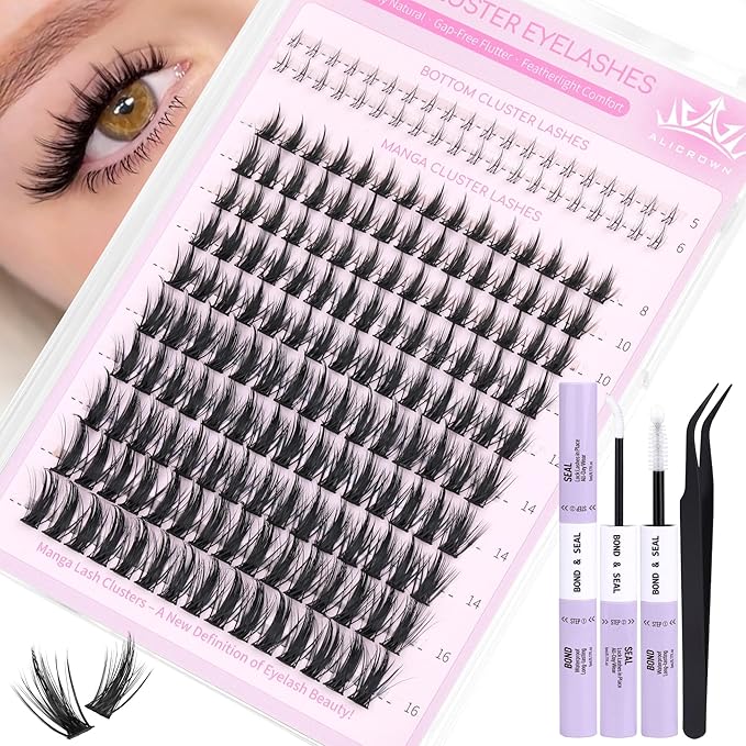 Manga Lash Clusters Kit Spiky Eyelash Clusters Kit with Bottom Cluster Eyelash Extensions Wispy Individual Lashes Kit with Lash Bond and Seal 8mm-16mm Doll Lash Extensions Kit