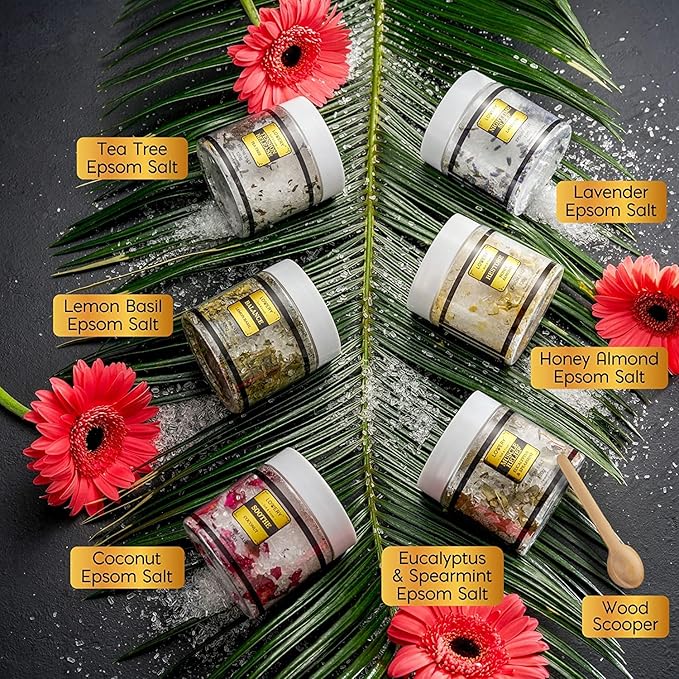 Gifts for Women Who Have Everything, Epsom Bath Salts Gift Basket Set, Self Care Salt W/Essential Oil, Valentines Day Gifts for Her, Mom, Lavender, Eucalyptus, Lemon, Coconut, Tea Tree, Honey Almond