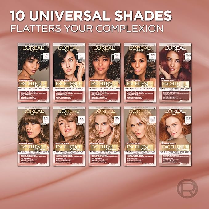 L’Oreal Paris Excellence Universal Nudes Permanent Hair Color, Ammonia Free Hair Dye for Gray Hair Coverage, 6N Natural Light Brown, 1 Kit (Pack of 2)