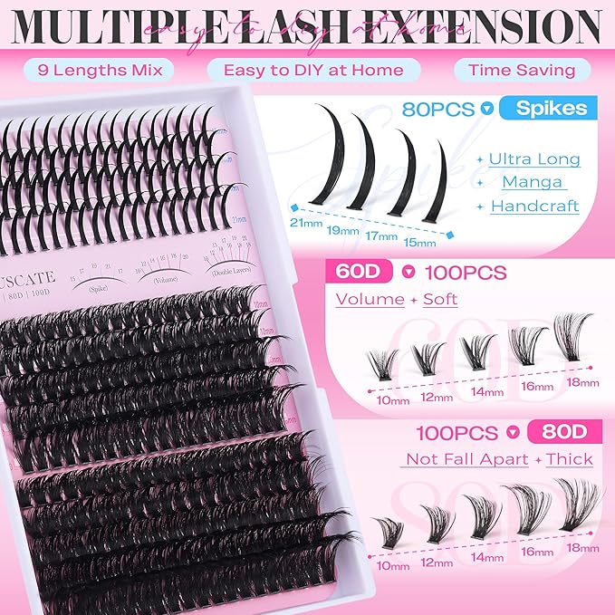CORUSCATE Lash Clusters 60D80D with Lash Spikes Eyelash Clusters Volume Cluster Eyelash Extensions 10-21mm DIY Spiky Individual Lashes Mega Eyelashes Mink Strip Cluster Lashes