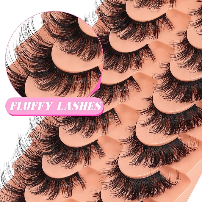 Veleasha Cat Eye Lashes Fluffy Crisscross Doll Eyelashes Wispy False Eyelashes Black Cotton Band 3D Effect Lashes 8-21MM 10 Pairs Pack (6D32)