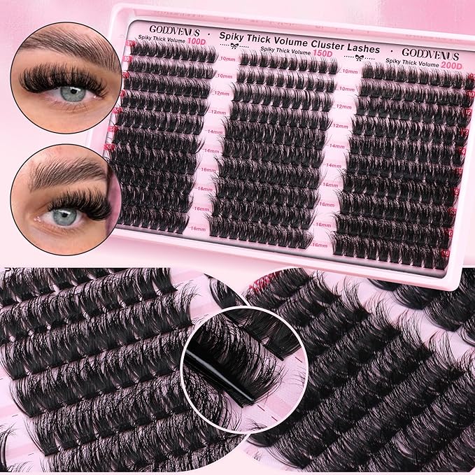 Fluffy Lash Clusters Kit Thick 100-150-200D Volume Eyelash Clusters Kit 10-16mm Wispy Individual Lashes Kit D Curl Cluster Eyelash Extensions 300pcs DIY Lash Extension for Beginners