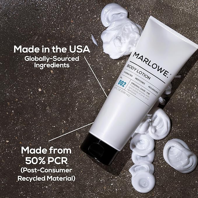 MARLOWE. No. 002 Body Lotion 8 Oz, Moisturizing & Nourishing Daily Dry Skin Lotion for Men, Made with Hydrating Natural Aloe Vera, Non-Oily, Sage & Fir Scent, Vegan