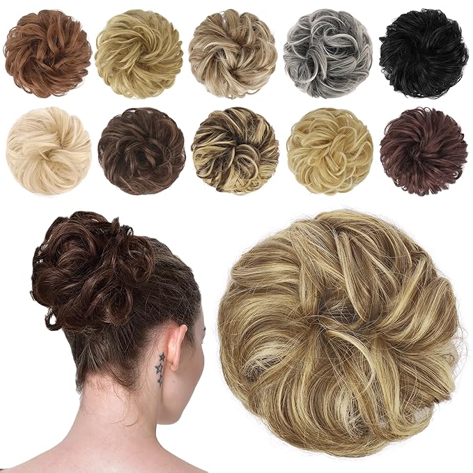 FESHFEN Messy Bun Hair Piece - Wavy Synthetic Chignon Scrunchies for Instant Volume, Elastic Bun Ponytail Hair Extensions Thick Hairpieces for Women, Sand 1.50 oz