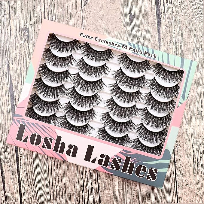 Losha Eyelashes Natural Look Faux Mink Lashes Pack Handmade Fluffy False Eyelashes 14 Pairs Eye Lashes (F48)