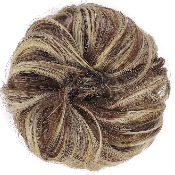 FESHFEN Messy Bun Hair Piece - Wavy Synthetic Chignon Scrunchies for Instant Volume, Elastic Bun Ponytail Hair Extensions Thick Hairpieces for Women, Copper Brown & Beige Blonde 1.50 oz