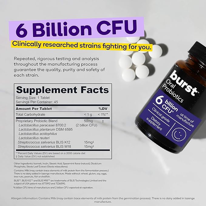 Burst Dental Probiotics (45 Count) | for Healthy Oral Cavity, Bad Breath, Immune System & Sinus Support | Promotes Upper Respiratory Health and Beneficial Bacteria | Blis K12 & M18