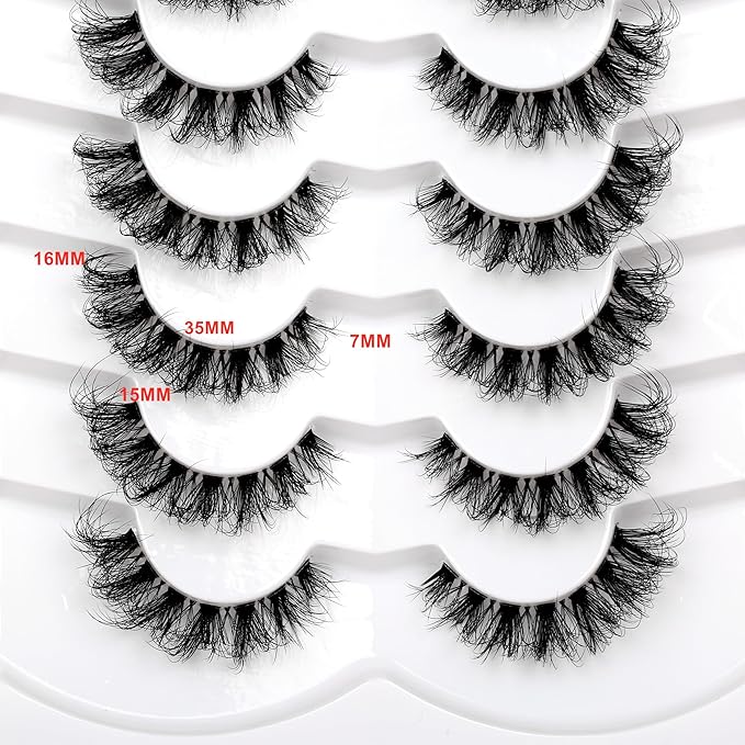 Pooplunch Fake Eyelashes Faux Mink Lashes Strips Cat Eye Wispy Volume Lashes D-Curly Clear-Band Natural 8D Extension Wispies 7 Pairs Pack