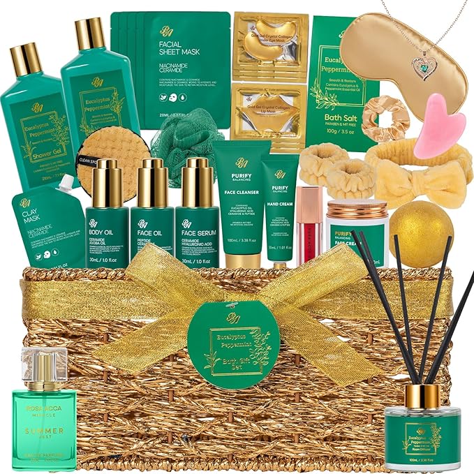 35 Pcs Valentines Day Gifts for Women, Eucalyptus Bath & Body Gift Basket, Self-Care Relaxation Set, Face Skin Care Kit, Home Spa Gift, Face Oil, Birthday, Christmas, Mother's Day, Anniversary