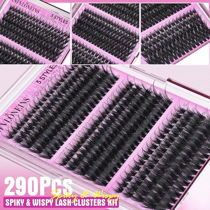 TNFVLONEINS Lash Clusters Kit Wispy Lash Extension Kit Spiky Eyelash Extension Kit Eyelash Clusters DIY Individual Lashes Kit Soft Cluster Eyelash Extensions(Wispy Spikes Kit)