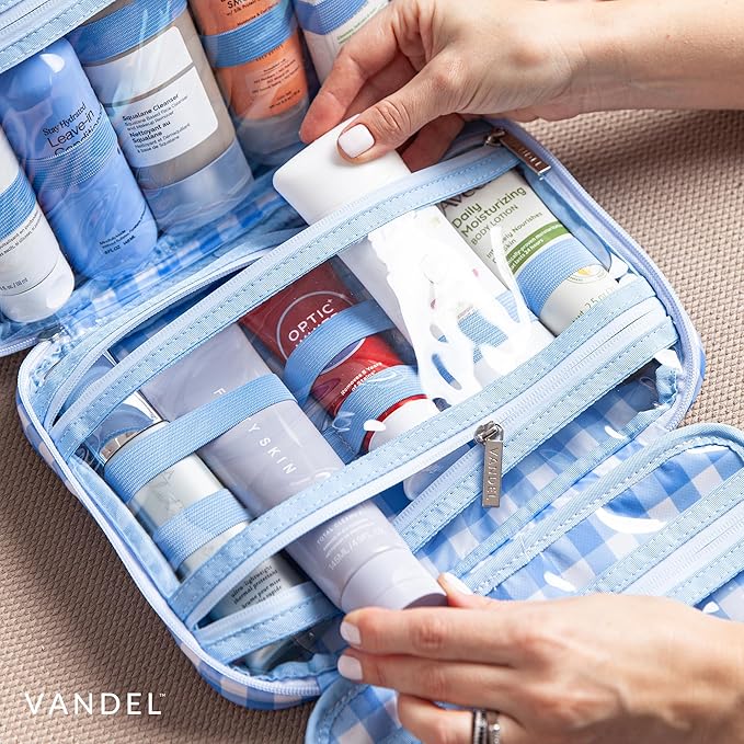 VANDEL Waterproof Hanging Toiletry Bag for Travelling, Hanging Makeup Organizer Bag, Cosmetic Travel Bags for Women, Makeup Case Toiletries Organizer Hygiene Bathroom Shower Caddy - Blue Gingham