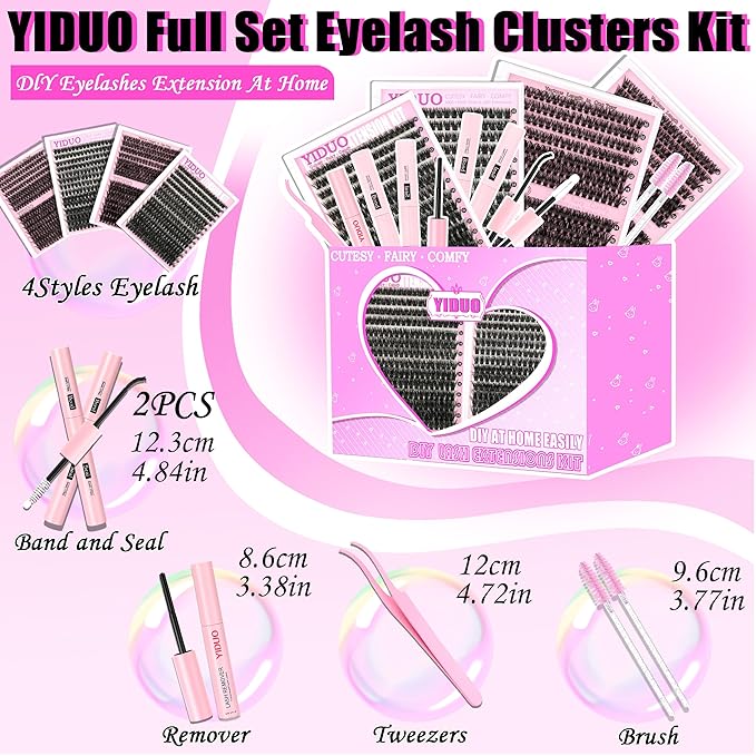 4 Styles Lash Clusters Kit 60D+80D+100D+150D Volume Clusters Lashes Extensions Kit with 2 Bond and Seal 10-18mm Wispy D Curly Full DIY Individual Eyelash Extensions Kit DIY at Home Easily