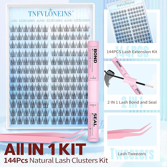 Natural Lash Clusters Kit Fairy Eyelash Clusters 11-13MM Wispy Lash Extension Kit Cluster Eyelash Extensions Thin Band Eyelash Extension Kit DIY Individual Lashes Bond and Seal,Tweezers TNFVLONEINS