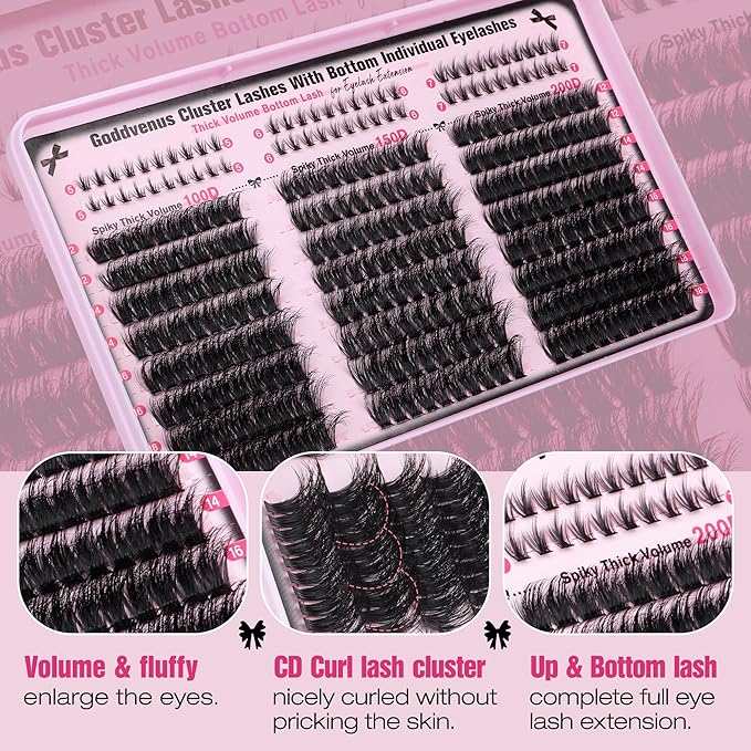 Lash Clusters Volume Cluster Eyelash Extensions D Curl Waterproof Individual Lashes 240pcs Fluffy Faux Mink Cluster Lashes and 60pcs Bottom Lashes for DIY Eyelash Extension