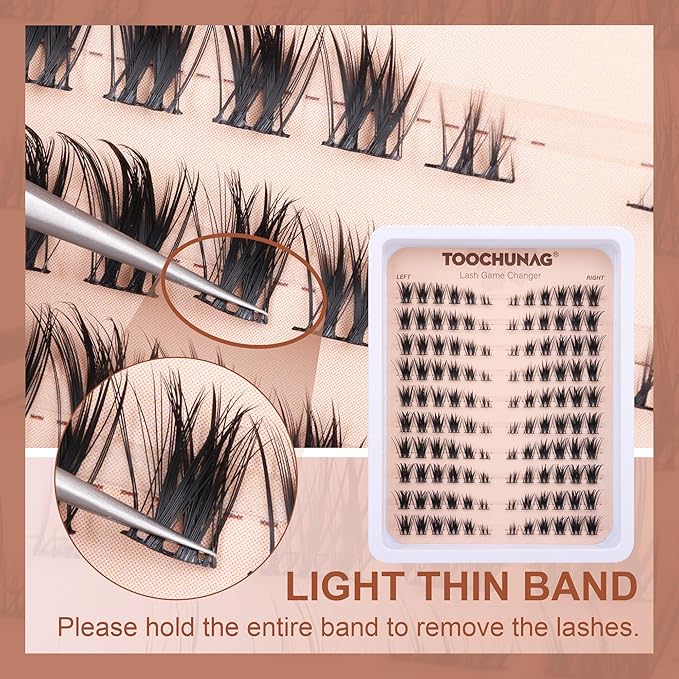 TOOCHUNAG Natural Lash Clusters Left&Right Cluster Eyelash Extensions 3D Wispy Individual Eyelashes 7-15mm Thin Band Cat Eye Lashes Clusters CD Curve Lash Extension