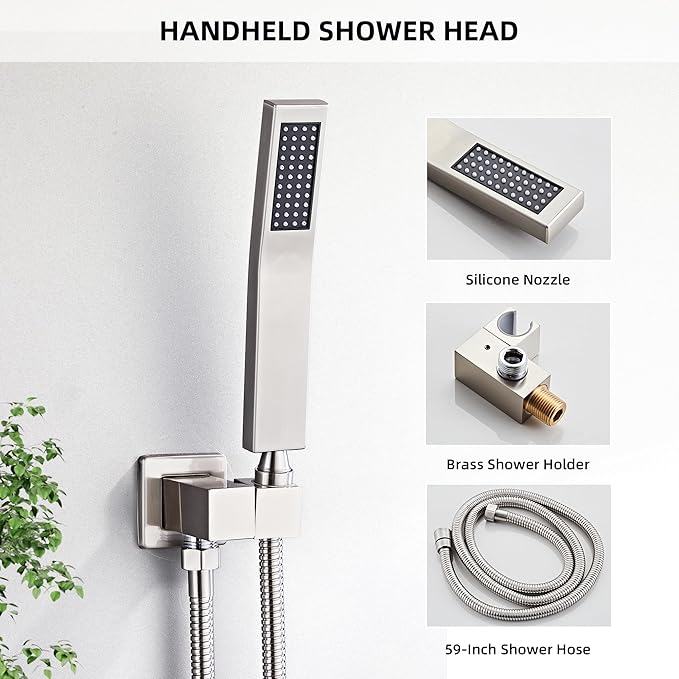 LCEVCGK Shower Faucet Set with Tub Spout, Brushed Nickel Rainfall Shower System Complete Wall Mounted for Bathroom with 12 Inch Square Shower Head and Handheld Shower Head Rain Mixer Combo Set