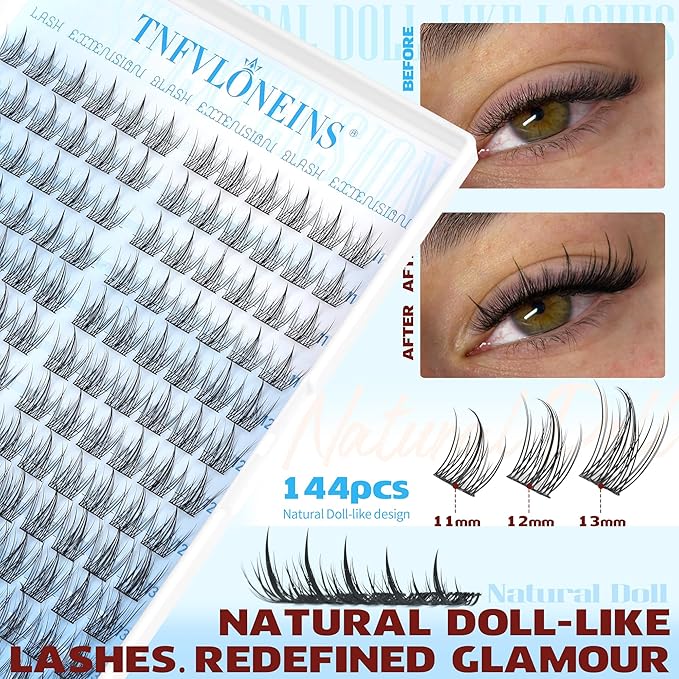 Natural Lash Clusters Kit Fairy Eyelash Clusters 11-13MM Wispy Lash Extension Kit Cluster Eyelash Extensions Thin Band Eyelash Extension Kit DIY Individual Lashes Bond and Seal,Tweezers TNFVLONEINS