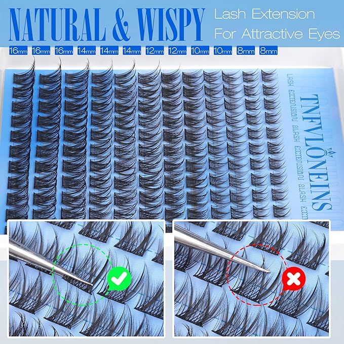 Natural Lash Clusters Kit Wispy Lash Extension Kit C Curl Eyelash Extension Kit Individual Lashes Cluster Eyelash Extensions Kit 8-16MM Eyelash Clusters with Bond and Seal and Tweezers by TNFVLONEINS