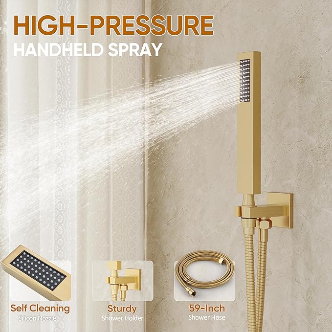 HoliSpa Gold Shower System with Tub Spout, All Metal Tub Shower Faucet Set with 10" Rain Shower Head and Handheld Spray combo, Wall Mounted Tub Shower Systems with Valve and Trim Kit, Brushed Gold