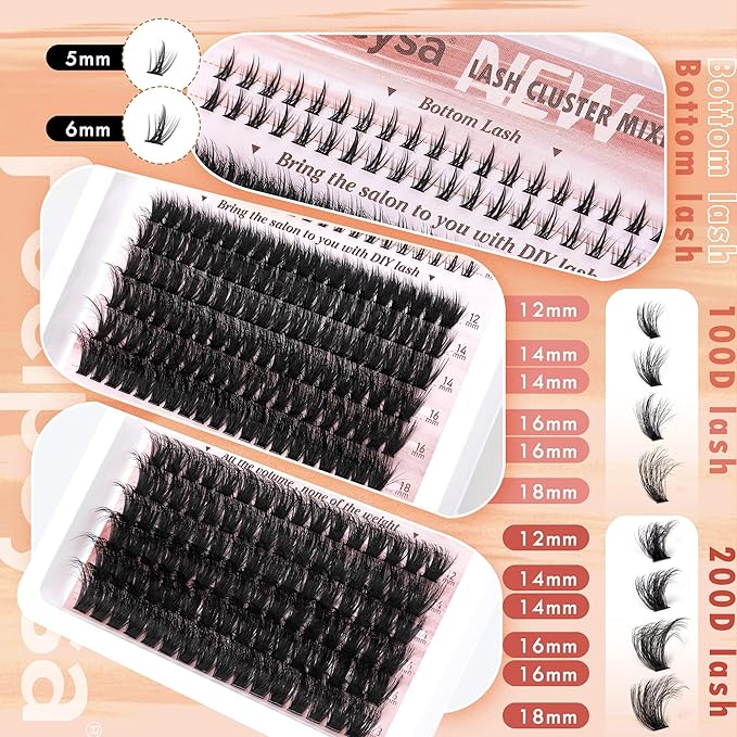 Focipeysa Lash Extension Kit Full Volume Eyelash Extension kit with Lash Bond and Seal Thick Lash Clusters DIY Lash Extensions Kit Wispy Individual Lashes 12-18mm DIY D-Curly Lash Extension