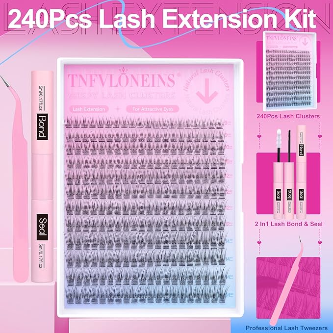 Wispy Lash Extension Kit Natural Eyelash Extension Kit C Curl Lash Clusters Kit Individual Lashes Clusters Short Eyelash Clusters 280pcs Cluster Lashes Kit with Bond and Seal and Tweezers TNFVLONEINS