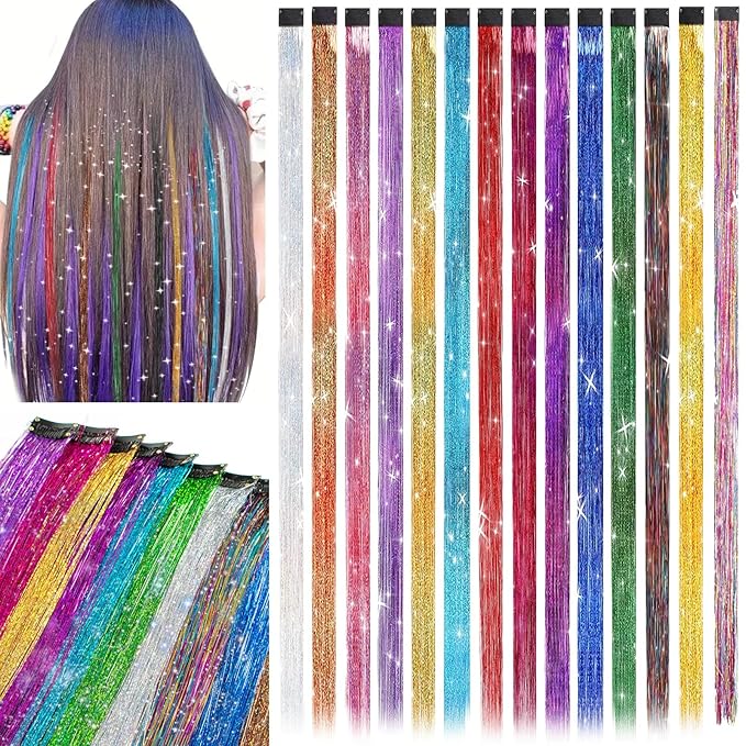 Clip In Tinsel Hair Extensions 14 Colors, 19.7 Inch Glitter Fairy Hair Tinsel Kit Clips, Sparking Hairpieces Colorful Hair Accessories for Girls Women Kids Gift Party Favors Highlights
