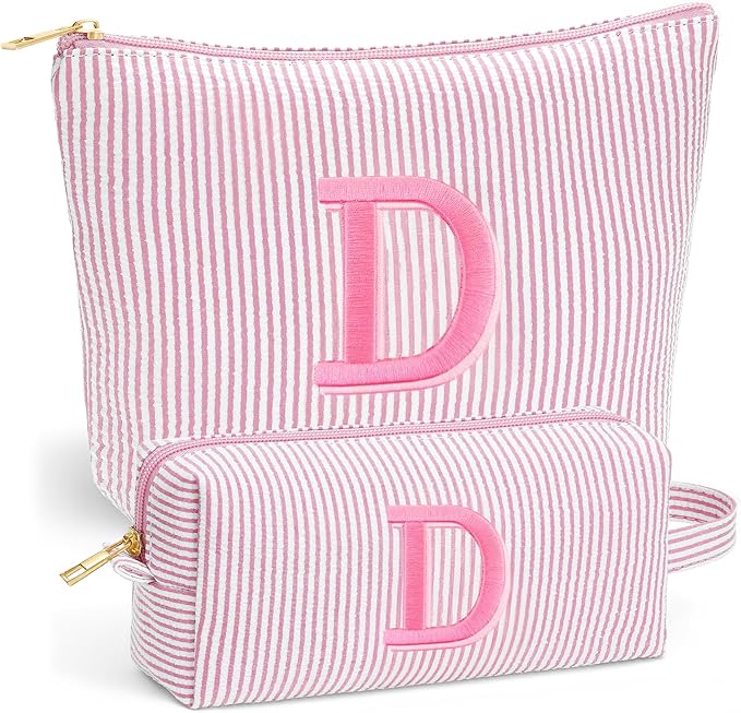 Fohufo Travel Essentials - Portable Travel Makeup Bag Set for Women, Custom Portable Initial Travel Toiletry Bag, Makeup Pouch Organizer Cosmetic Bag Birthday Gifts for Women, Light Pink Letter D