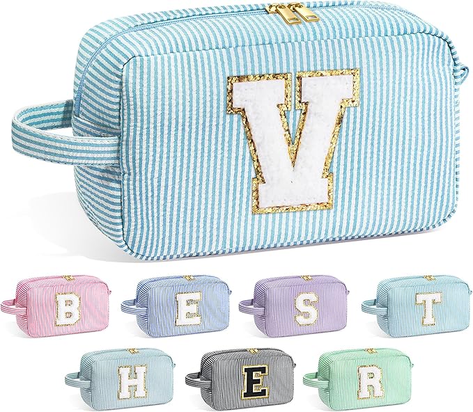 YOOLIFE Initial Makeup Bag for Women - Monogram Cute Makeup Bag Cosmetic Case Toiletry Pouch for Women Her Best Friend Sister Teacher, Personalized Birthday Gifts for Women, Light Blue V