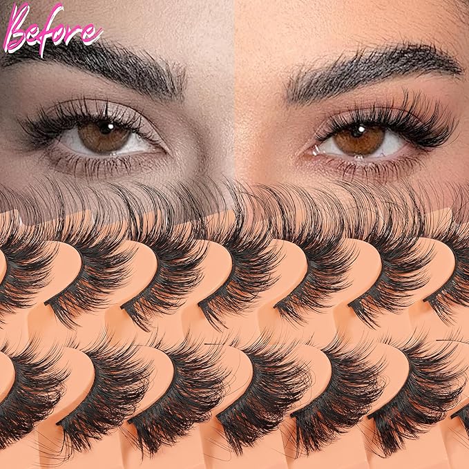 Veleasha Cat Eye Lashes Fluffy Crisscross Doll Eyelashes Wispy False Eyelashes Black Cotton Band 3D Effect Lashes 8-21MM 10 Pairs Pack (6D32)