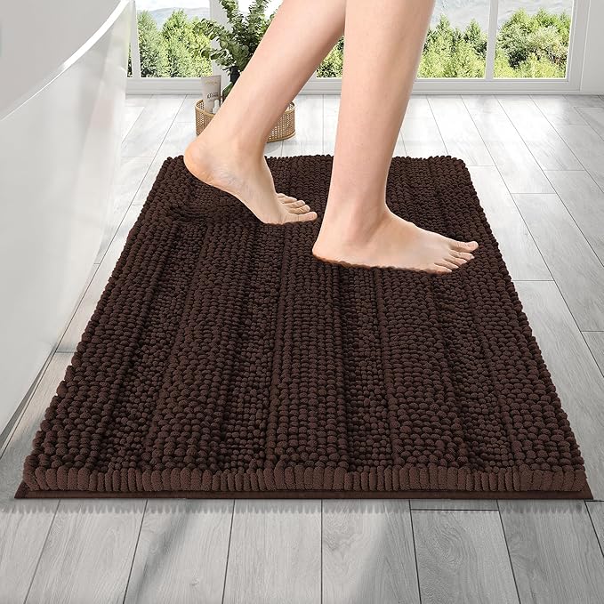 OLANLY Thick Bathroom Rugs 24x16, Extra Soft Absorbent Chenille Striped Bath Rugs, Rubber Backing, Machine Wash Dry, Bath Mats for Bathroom Floor, Tub and Shower, Home Decor Accessories, Brown