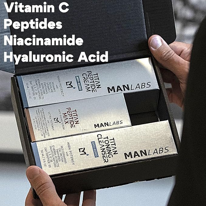 Man Labs Titan Peptide 3-Piece Anti-Aging Mens Skin Care Kit – Wash, Face Serum, Mens Face Moisturizer – Men, Skin Care Set – Dark Spots, Wrinkles, Fine Lines – Vitamin C, Niacinamide, HA – Unscented