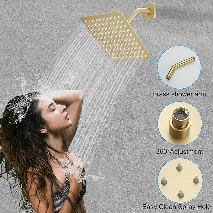 YCAIKOI Brushed Gold Shower System, 8 Inch High Pressure Rain Shower with Handheld, Wall Mount Shower Faucet Set for Bathroom, Rough-in Valve Body and Trim Included