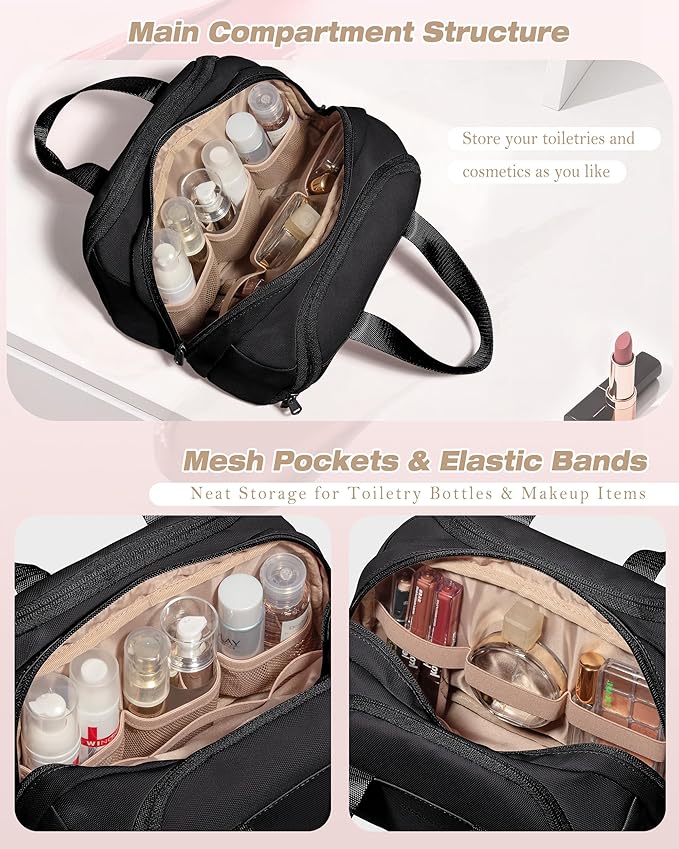 Marscamd Travel Toiletry Bag for Women, Waterproof Makeup & Cosmetic Organizer with Leakproof Pockets for Bathroom or Vanity Use, Black