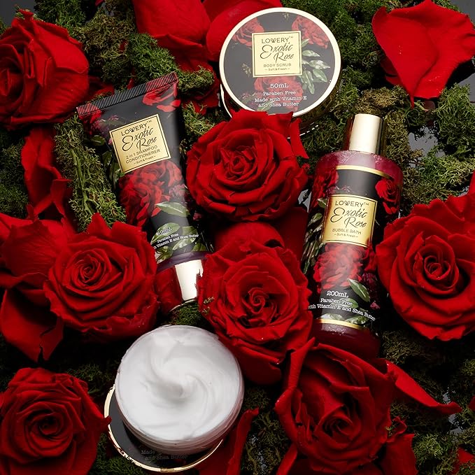 Valentines Day Gifts for Her - Exotic Rose Valentine Gift Basket for Women, Spa Bath and Body Gift Set, Anniversary Gifts for Women, Mom Birthday Gift with Body Scrub, Bubble Bath, Lotion & M