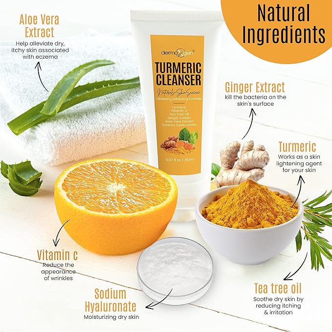DERMAXGEN Turmeric Facial Cleanser – Natural Anti-Aging Exfoliating Turmeric Face Wash for Glowing Skin – Helps Clear Acne Scars, Dark Spots, Sun Damage & Discoloration – 5 oz