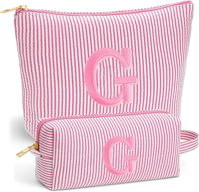 Fohufo Travel Makeup Bag Organizer - Travel Essentials Toiletry Bag for Women, Initial Travel Toiletry Bag with Zipper | Preppy Stuff Birthday Gifts for Women Mom Daughter, Pink Letter G