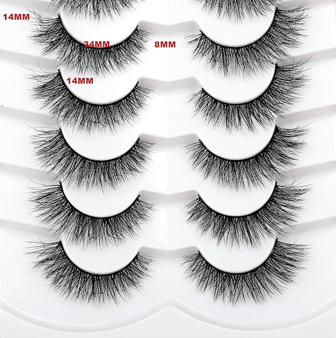 Pooplunch False Eyelash Cat Eye Volume Wispy Strip Lashes Natural Short Fluffy Volume Faux Mink Fake Eyelashes 7 Pairs Pack