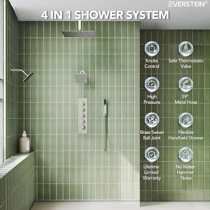 EVERSTEIN Thermostatic Shower system, 16, 6 in. Bathroom Shower Set Wall Mount Dual Shower Head Faucet in Brushed Nickel