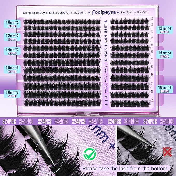 Lash Clusters Fluffy Spike Eyelash Clusters 10-18mm Volume Eyelash Extensions 200D Clusters Eyelashes 324pcs DIY Clusters Lashes Extensions at Home for Makeup by Focipeysa