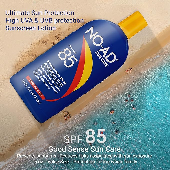 NO-AD SPF 85 Sunscreen Lotion | Broad Spectrum UVA/UVB Protection | Water Resistant | Octinoxate & Oxybenzone Free with moisturizing Vitamin E and Aloe 16oz | Pack of 2