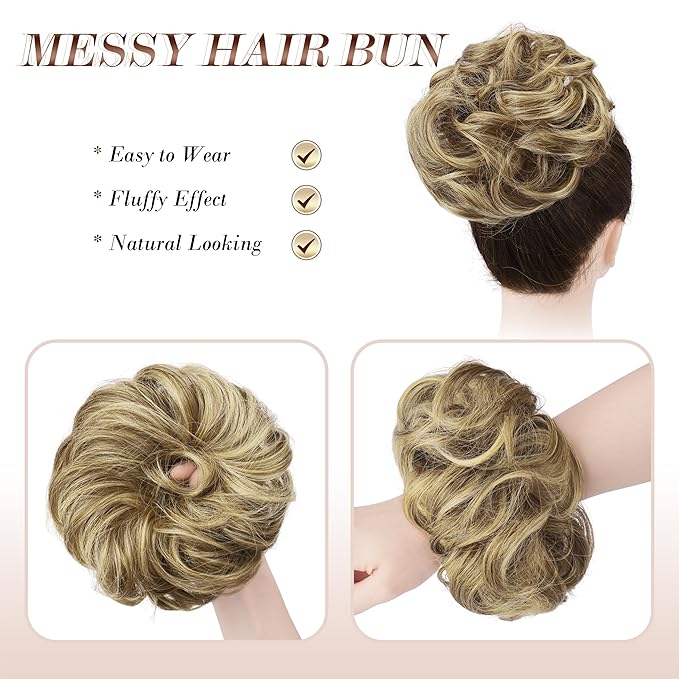 FESHFEN Messy Bun Hair Piece - Wavy Synthetic Chignon Scrunchies for Instant Volume, Elastic Bun Ponytail Hair Extensions Thick Hairpieces for Women, Sand 1.50 oz