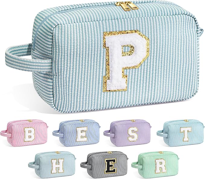 YOOLIFE Initial Cosmetic Bag for Women - Monogram Cute Makeup Bag Cosmetic Case Toiletry Pouch for Women Her Best Friend Sister Teacher, Personalized Birthday Gifts for Women, Green P
