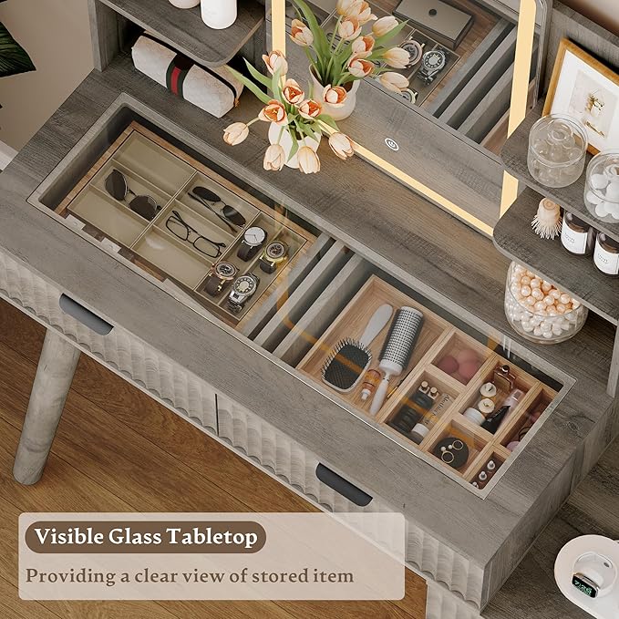 Fluted Vanity Desk with Mirror and Lights, 31.5" Glass Top Makeup Table Set with 5 Drawers, Power Outlet & Storage Cabinet, Large Dressing Table with RGB Ambient Light for Bedroom Women Girls, Grey