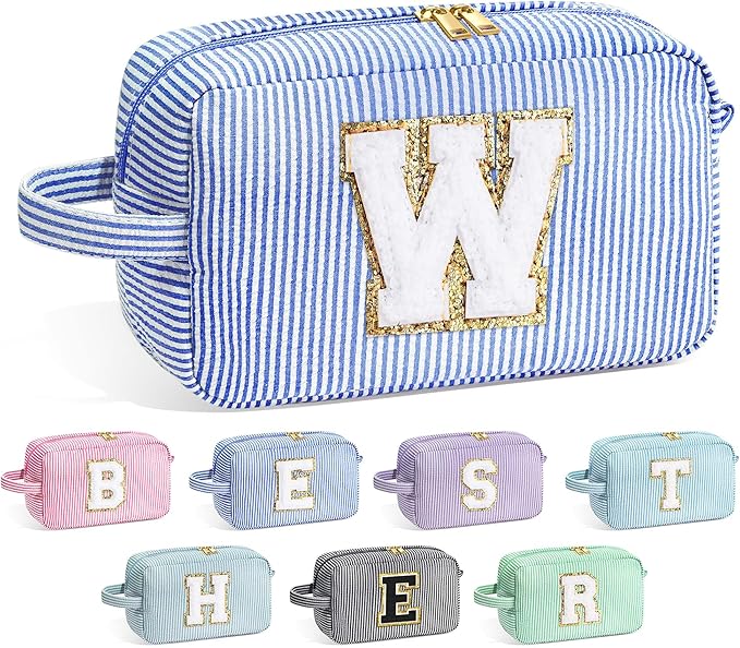 YOOLIFE Initial Cosmetic Bag for Women - Monogram Cute Makeup Bag Cosmetic Case Toiletry Pouch for Women Her Best Friend Sister Teacher, Personalized Birthday Gifts for Women, Blue W