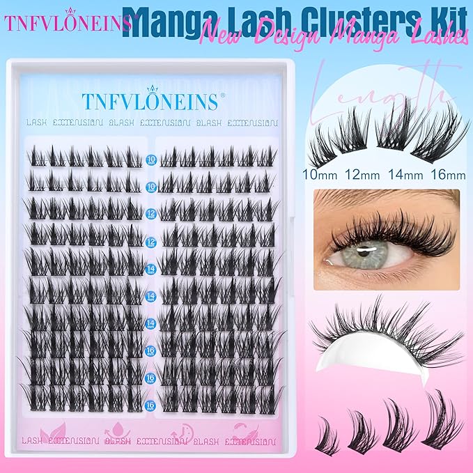 Manga Lash Clusters Kit Natural Lash Extension Kit Wispy Eyelash Extension Kit Soft Eyelash Clusters Anime Individual Lashes Kit Cluster Eyelash Extensions with Bond and Seal and Tweezers TNFVLONEINS