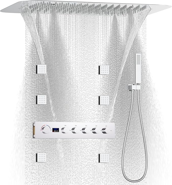 KATAIS Polished Chrome 16X24 inch Ceiling Mounted Shower Head Set(Rain&Waterfall&Mist 3 Modes), Digital Display Shower System with 6 PCS Body Jet and Handheld Spray
